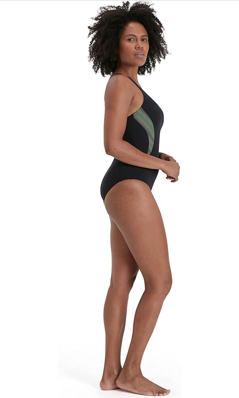 Speedo Women's Placement Muscleback Swimsuit Swimming Costume Black Blue BNWT