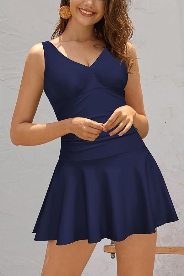 Shekini Women's V-Neck Swim Dress Swimsuit Swimming Costume Ruched Skirt BNWT