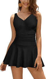 Shekini Women's V-Neck Swim Dress Swimsuit Swimming Costume Ruched Skirt BNWT