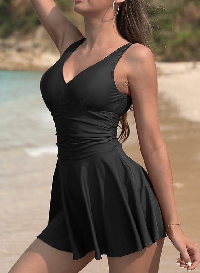 Shekini Women's V-Neck Swim Dress Swimsuit Swimming Costume Ruched Skirt BNWT