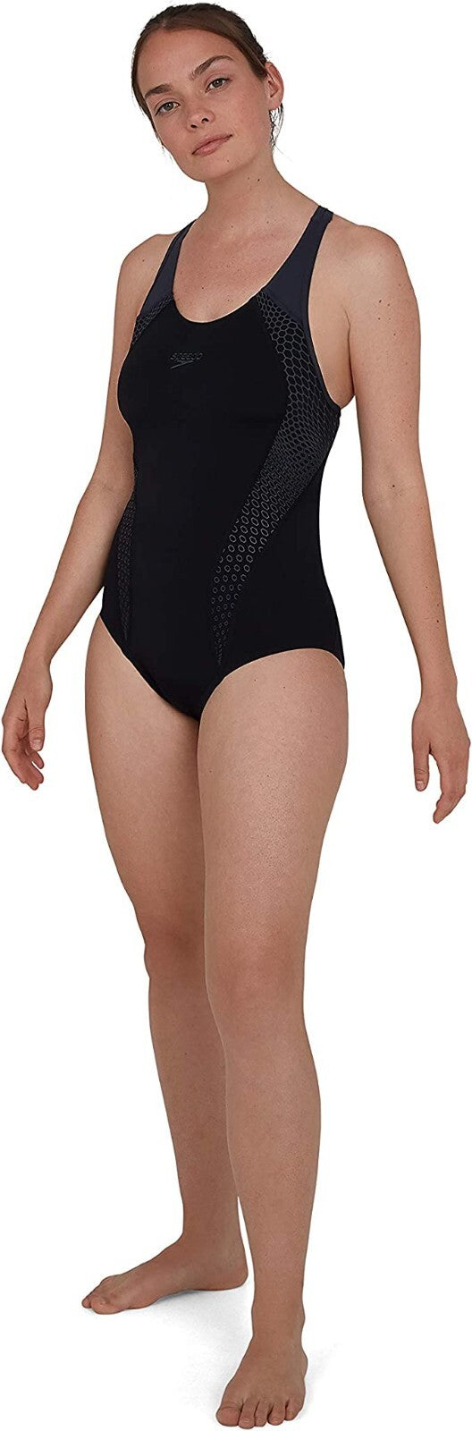Speedo Women's Placement Laneback Swimsuit Swimming Costume Black Grey BNWT