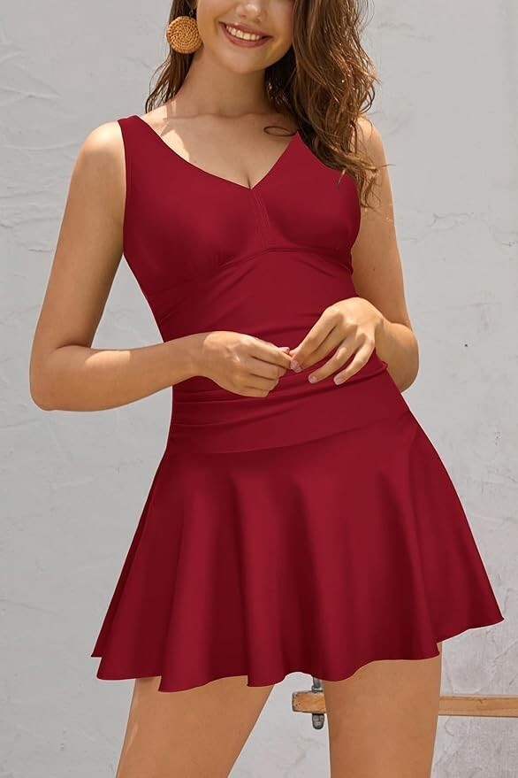 Shekini Women's V-Neck Swim Dress Swimsuit Swimming Costume Ruched Skirt BNWT