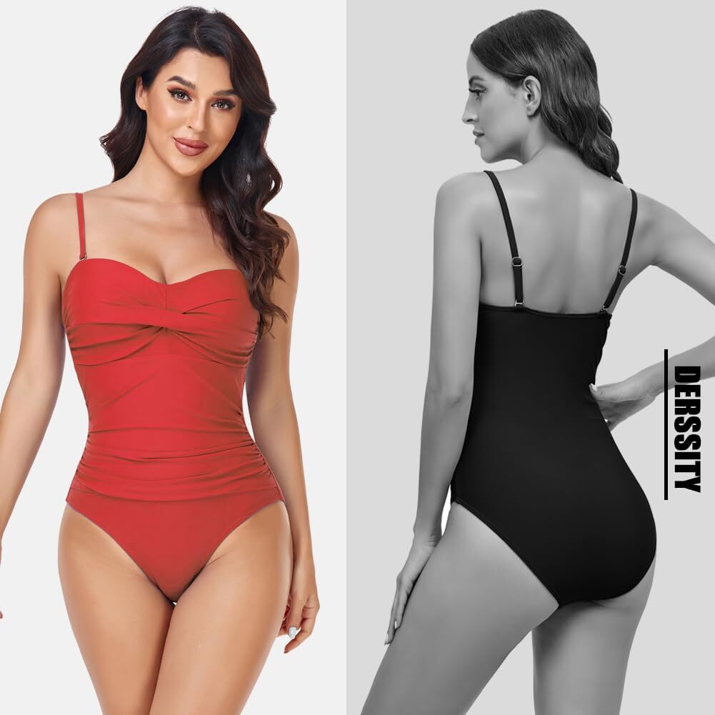 Derssity Women's Ruched Tummy Control Bandeau Twist Swimsuit Swimming Costume