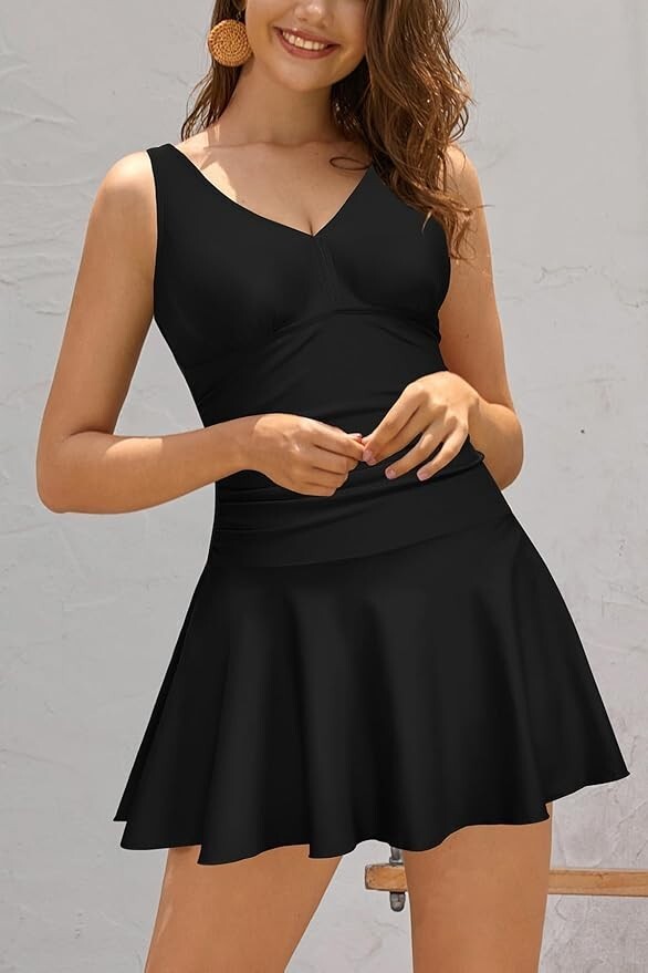 Shekini Women's V-Neck Swim Dress Swimsuit Swimming Costume Ruched Skirt BNWT