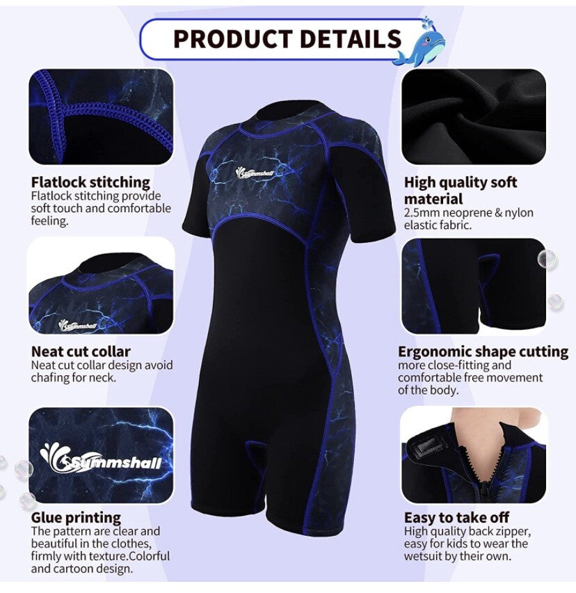 Summshall Kids Wetsuit 2.5mm Shorty Diving Surfing Suits Boys 8-10 Years BNWT