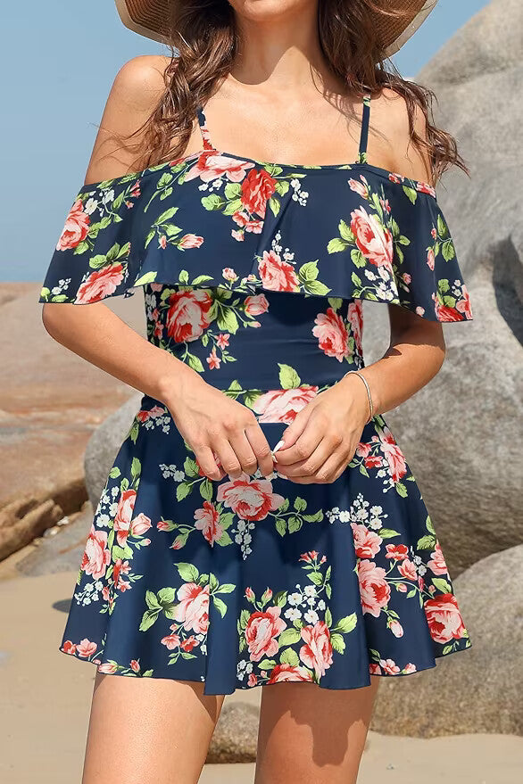 Shekini Women's Off-Shoulder Flounce Swim Dress Swimsuit Swimming Costume BNWT