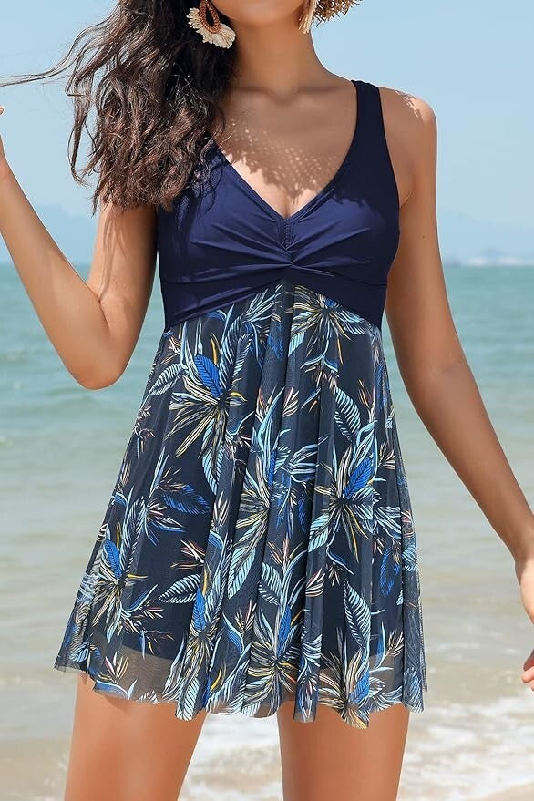 Shekini Women's V-Neck Swim Dress Swimsuit Swimming Costume with Boy Short BNWT
