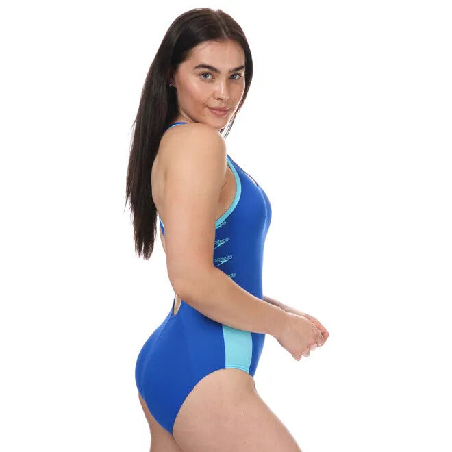 Speedo Women's Boom Logo Splice Muscleback Swimsuit Swimming Costume Blue BNWT