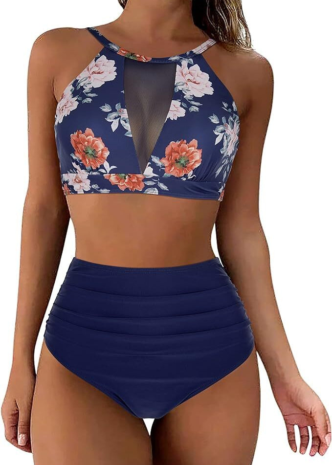RXRXCOCO Women's High Neck & Waist Mesh Bikini Swimsuit Swimming Costume BNWT
