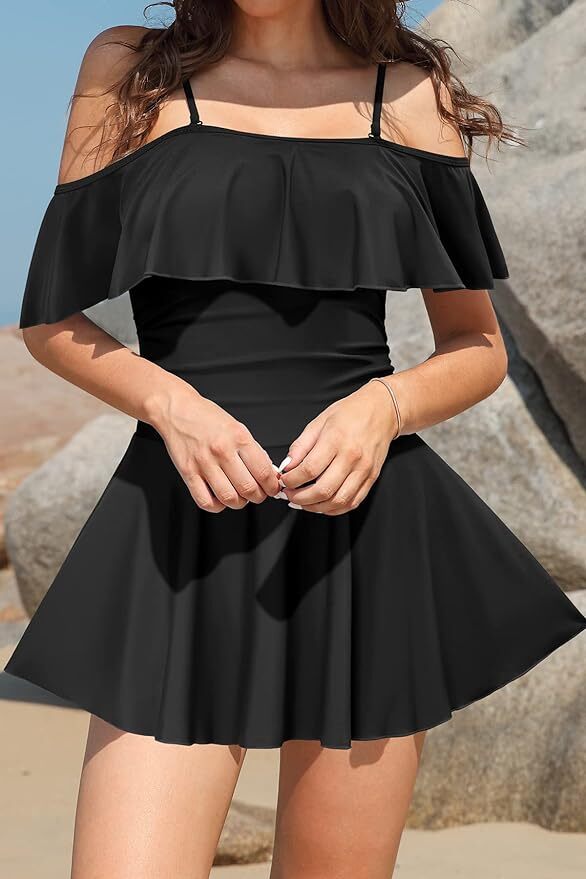 Shekini Women's Off-Shoulder Flounce Swim Dress Swimsuit Swimming Costume BNWT