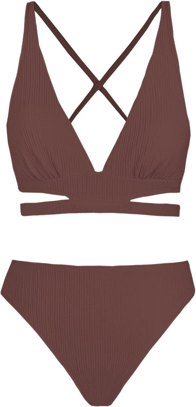 Cupshe Women's Mid-Rise Ribbed Triangle Bikini Swimsuit Swimming Costume BNWT