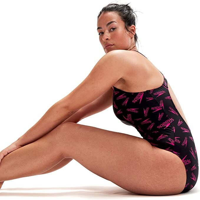 Speedo Women's Boom Logo Allover Medalist Swimsuit Swimming Costume BNWT