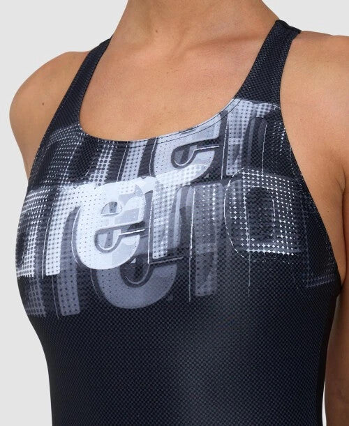 Arena Women's Overlap Print V-Back Swimsuit Swimming Costume Black BNWT