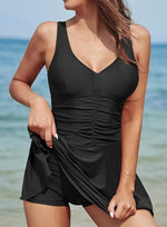 Shekini Women's V-Neck Swim Dress Swimsuit Swimming Costume Ruched Skirt BNWT
