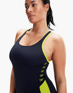 Speedo Women's Boom Logo Splice Muscleback Swimsuit Swimming Costume Lime BNWT