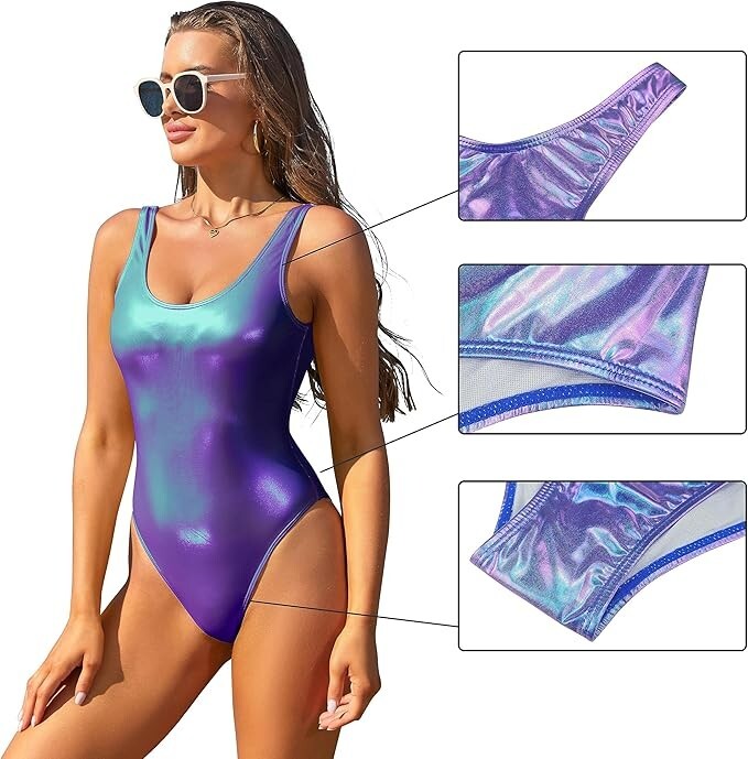 Shekini Women's Metallic Shiny Low Back Swimsuit Swimming Costume Swimwear BNWT