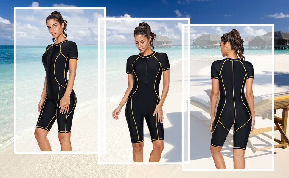 Jywmsc Women's Zip Front Rash Guard Legsuit Swimsuit Swimming Costume BNWT