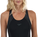 Speedo Women's Placement Laneback Swimsuit Swimming Costume Black Grey BNWT