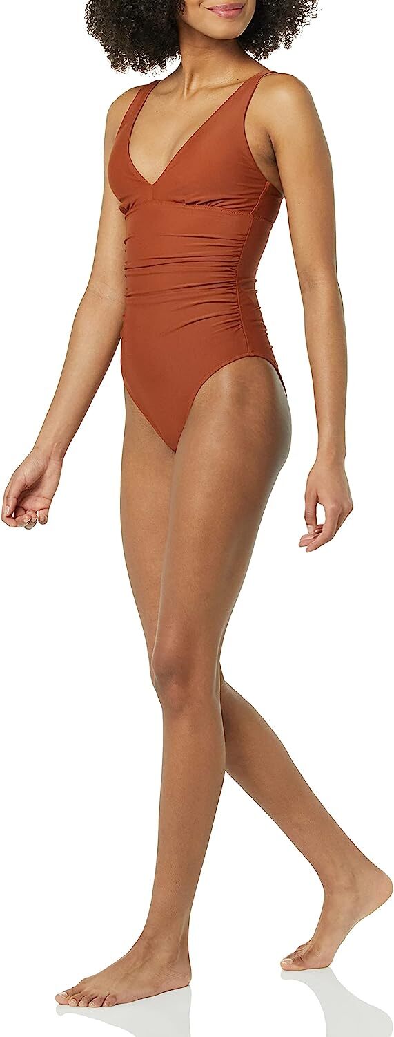 Amazon Essentials Women's Plunge Shaping Swimsuit Swimming Costume Brown BNWT