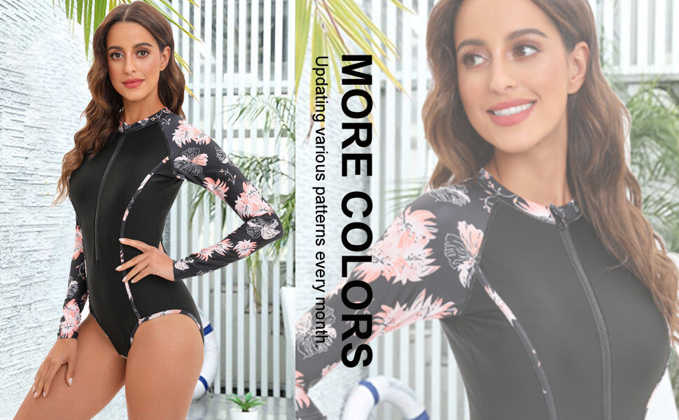 Ruuione Women's Rash Guard Front Zip Swimsuit Swimming Costume Long Sleeve BNWT