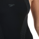 Speedo Women's Placement Laneback Swimsuit Swimming Costume Black Grey BNWT
