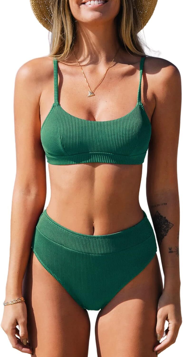 Cupshe Women's High Waist Ribbed Texture Bikini Swimsuit Swimming Costume BNWT