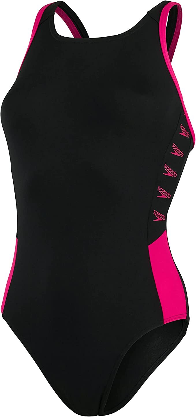 Speedo Women's Boom Logo Splice Muscleback Swimsuit Swimming Costume Pink BNWT