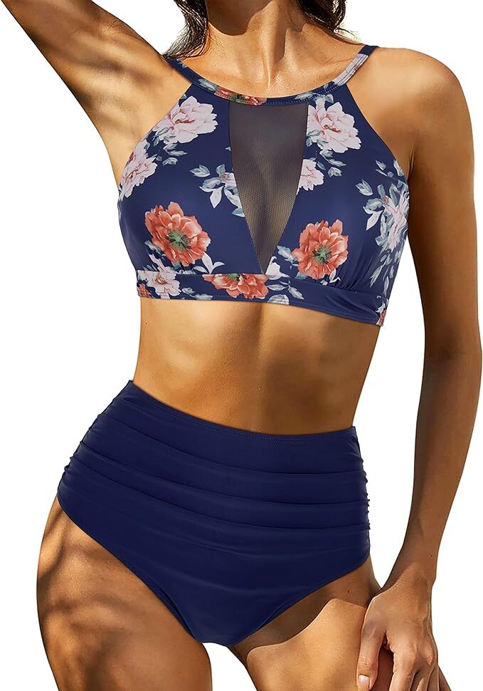 RXRXCOCO Women's High Neck & Waist Mesh Bikini Swimsuit Swimming Costume BNWT