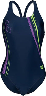 Arena Women's V Back Graphic Swimsuit Swimming Costume Ladies Navy/Green BNWT
