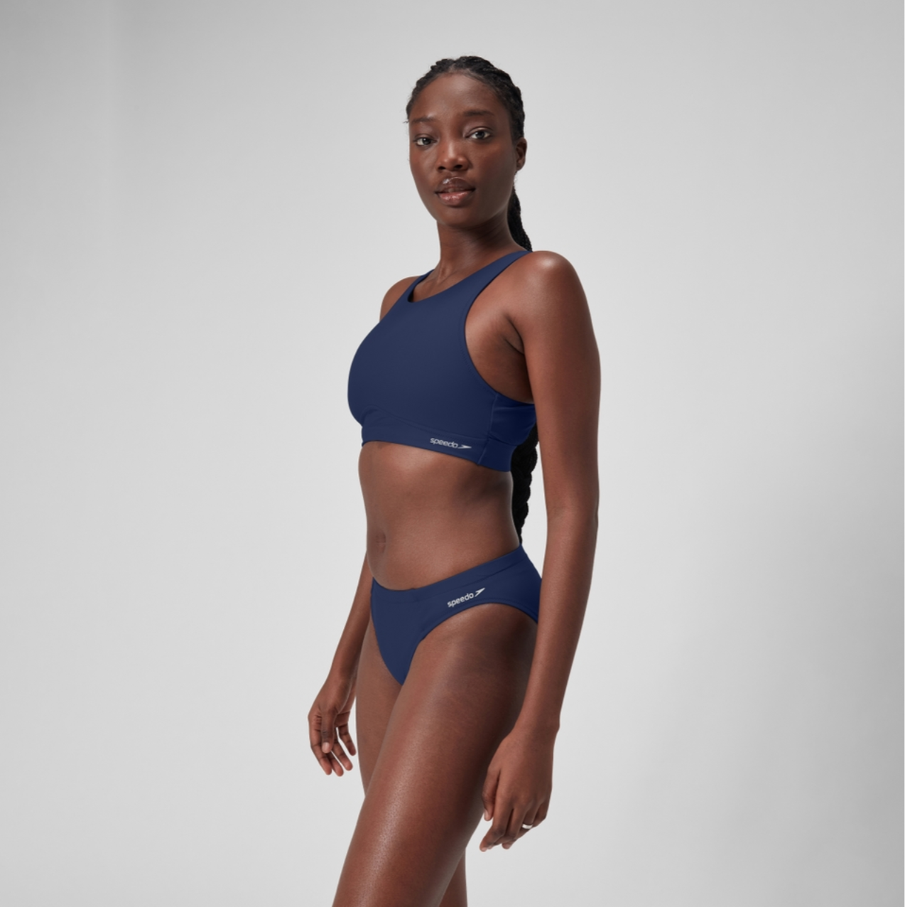 Speedo Women's Solid High Neck Crop Top Swimsuit Swimming Costume Swimwear BNWT