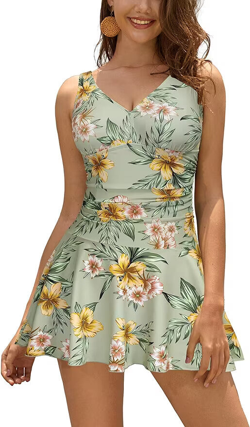 Shekini Women's V-Neck Swim Dress Swimsuit Swimming Costume Ruched Skirt BNWT