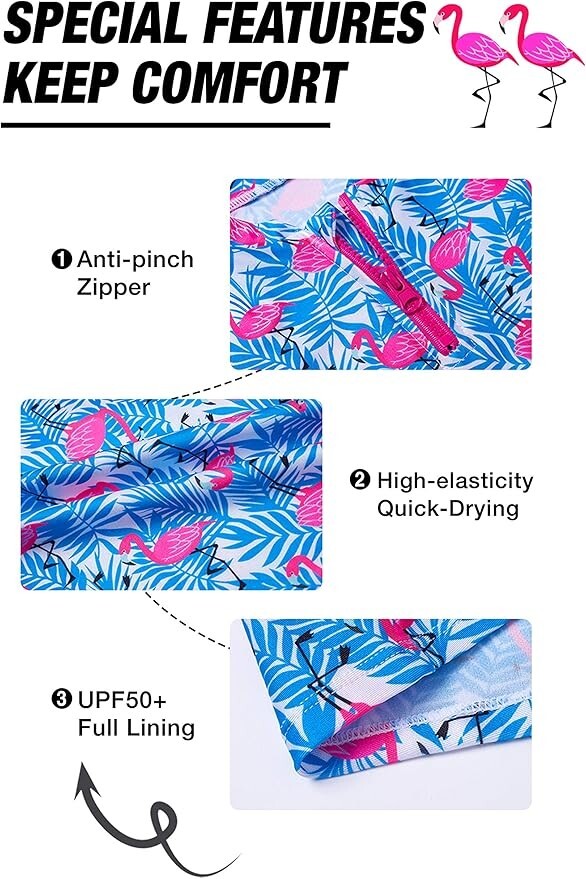Ikali Girl's 3 Piece Rash Swimsuit Swimming Costume Swim Ruffle Kids Flamingo