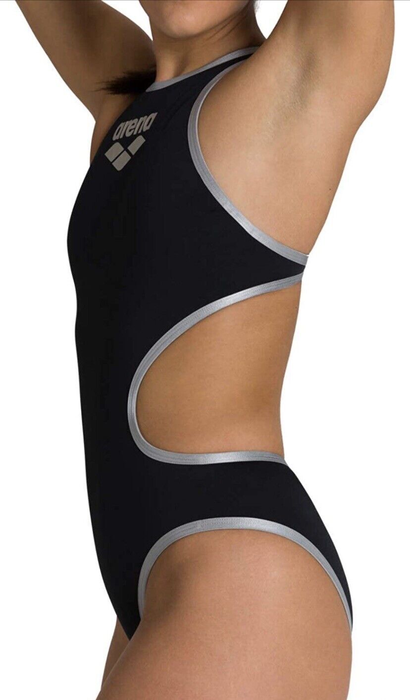Arena Women's One Big Logo Black/Silver Swimsuit Swimming Costume BNWT