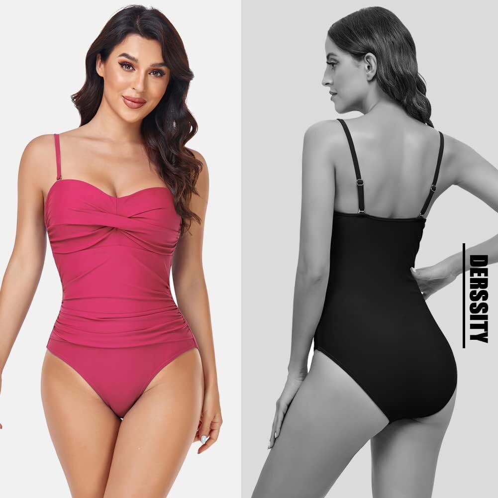 Derssity Women's Ruched Tummy Control Bandeau Twist Swimsuit Swimming Costume