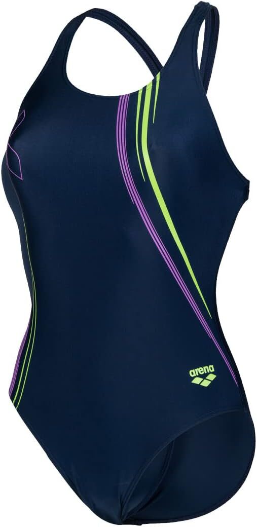 Arena Women's V Back Graphic Swimsuit Swimming Costume Ladies Navy/Green BNWT