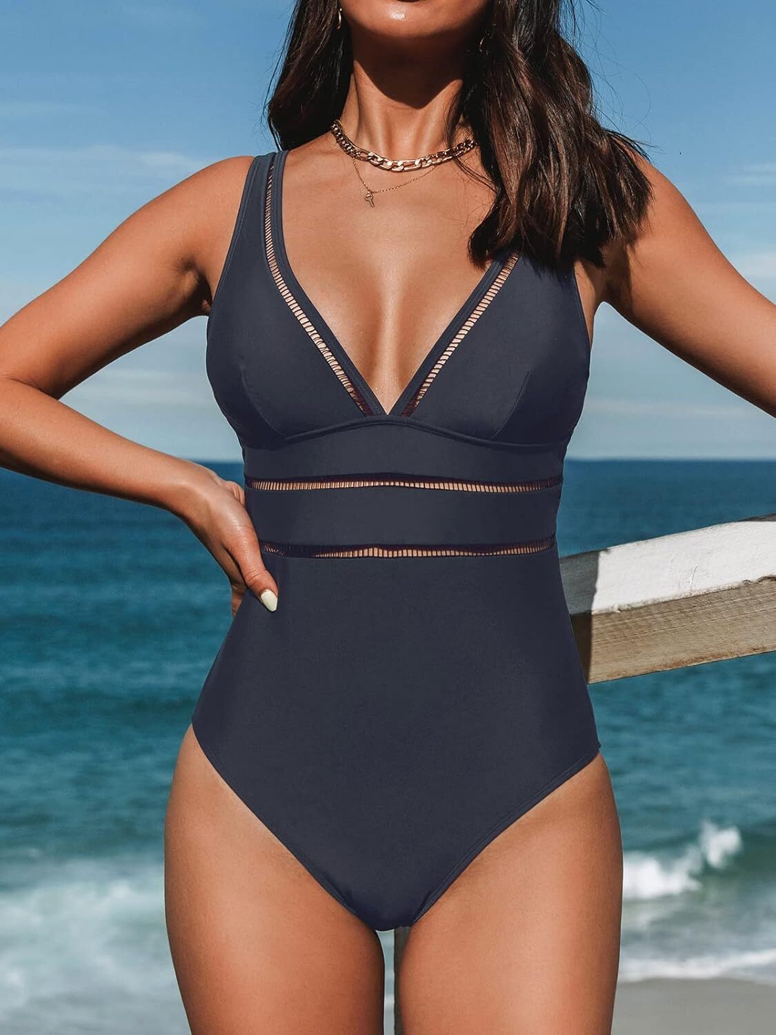 Cupshe Women's Tummy Control V Neck Ladder Trim Swimsuit Swimming Costume BNWT