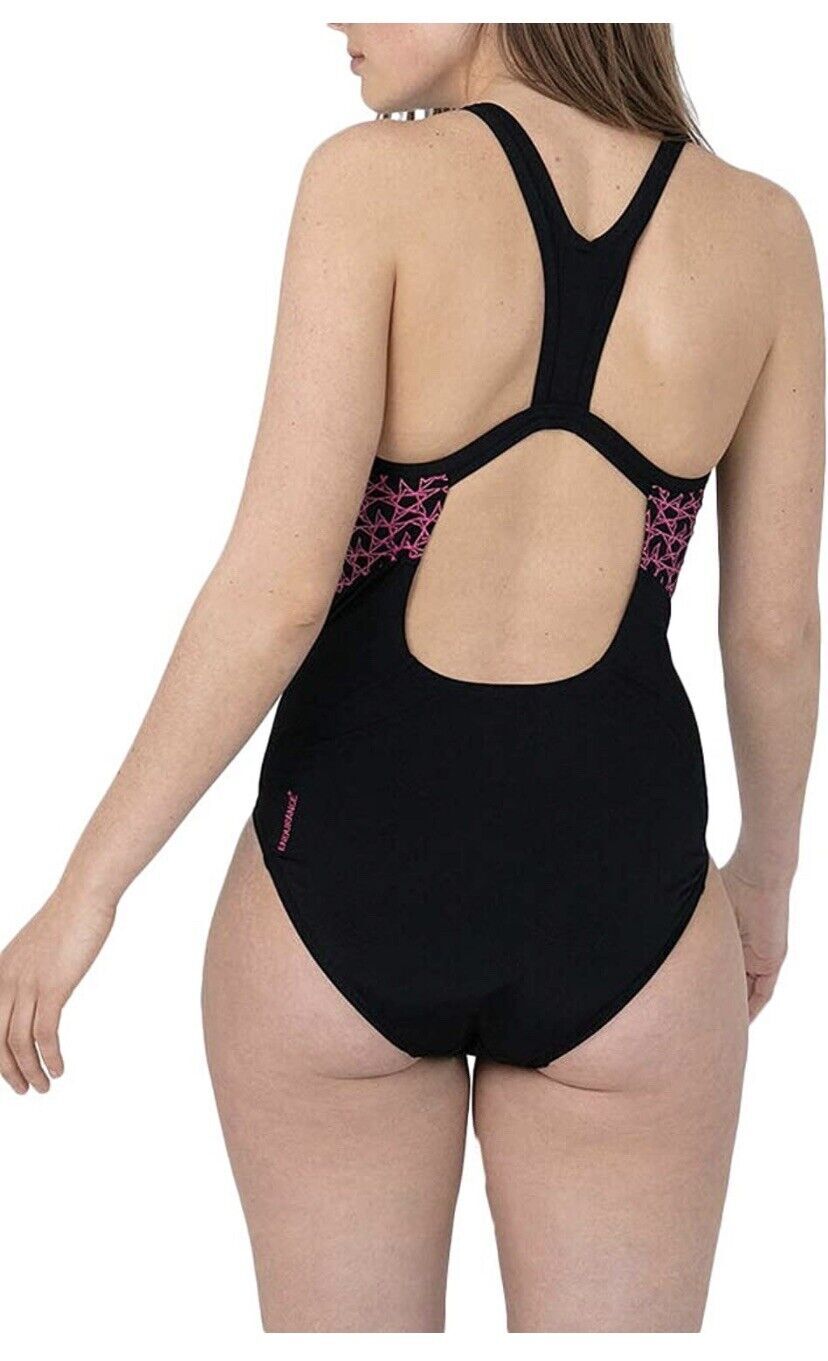 Speedo Women's Boomstar Splice Flyback Swimsuit Swimming Costume Black Pink BNWT