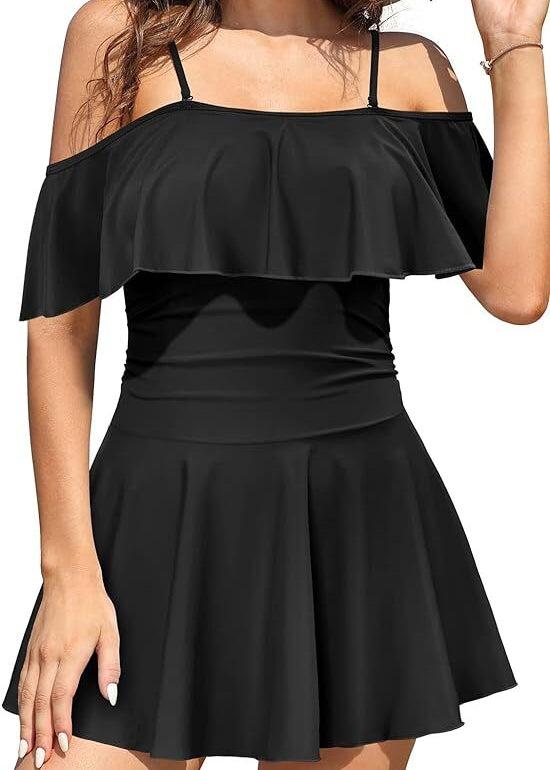 Shekini Women's Off-Shoulder Flounce Swim Dress Swimsuit Swimming Costume BNWT