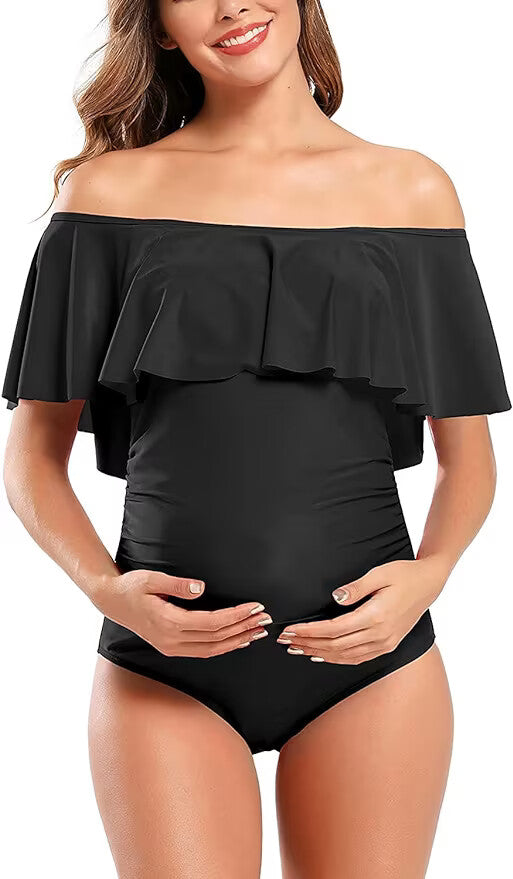 Shekini Women's Maternity Ruffled Off Shoulder Swimsuit Swimming Costume BNWT