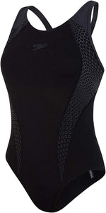 Speedo Women's Placement Laneback Swimsuit Swimming Costume Black Grey BNWT