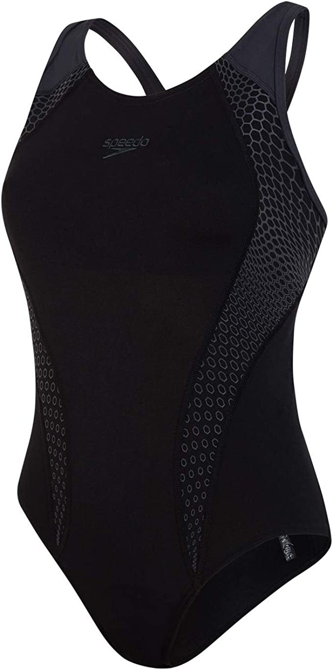 Speedo Women's Placement Laneback Swimsuit Swimming Costume Black Grey BNWT