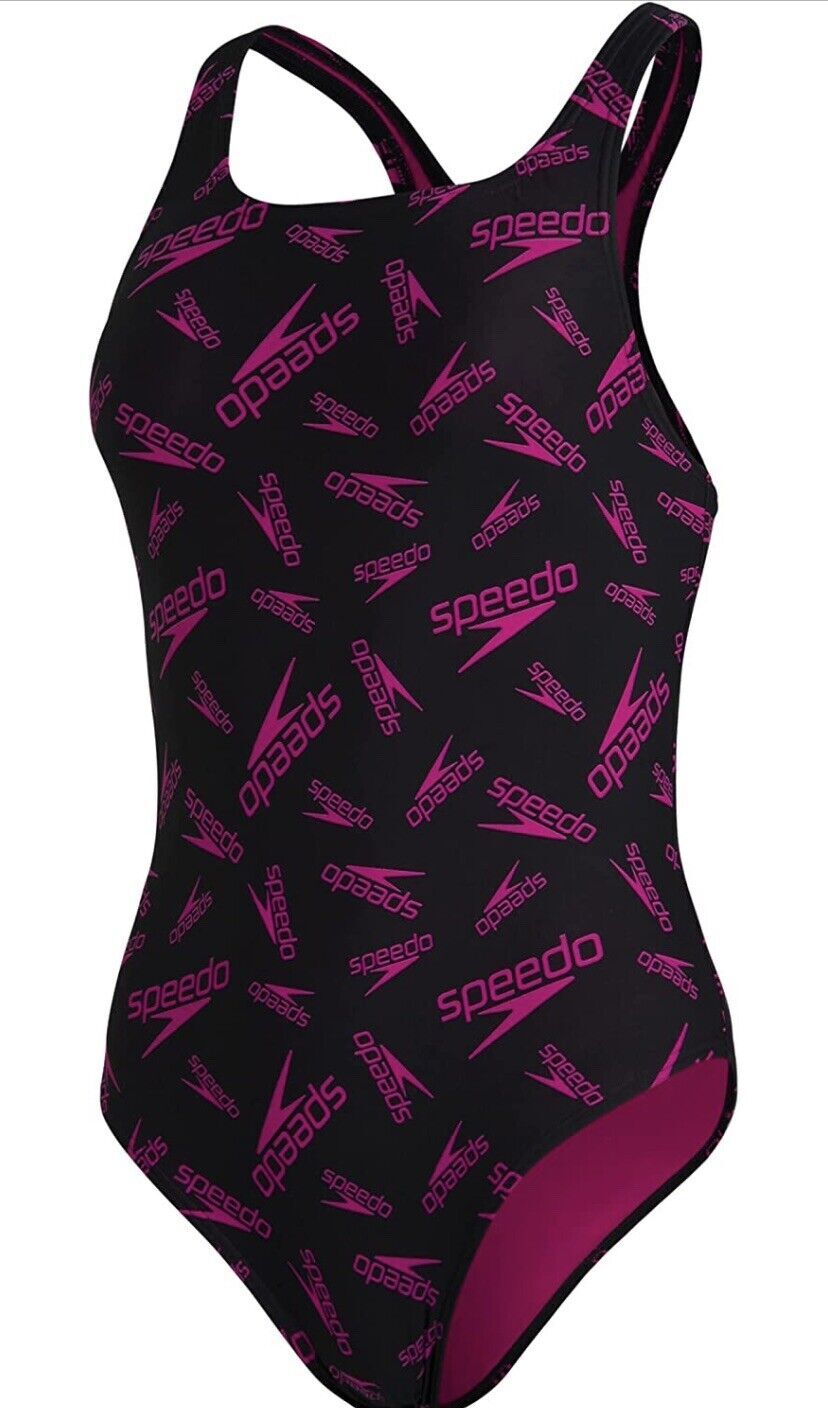 Speedo Women's Boom Logo Allover Medalist Swimsuit Swimming Costume BNWT