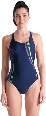 Arena Women's V Back Graphic Swimsuit Swimming Costume Ladies Navy/Green BNWT