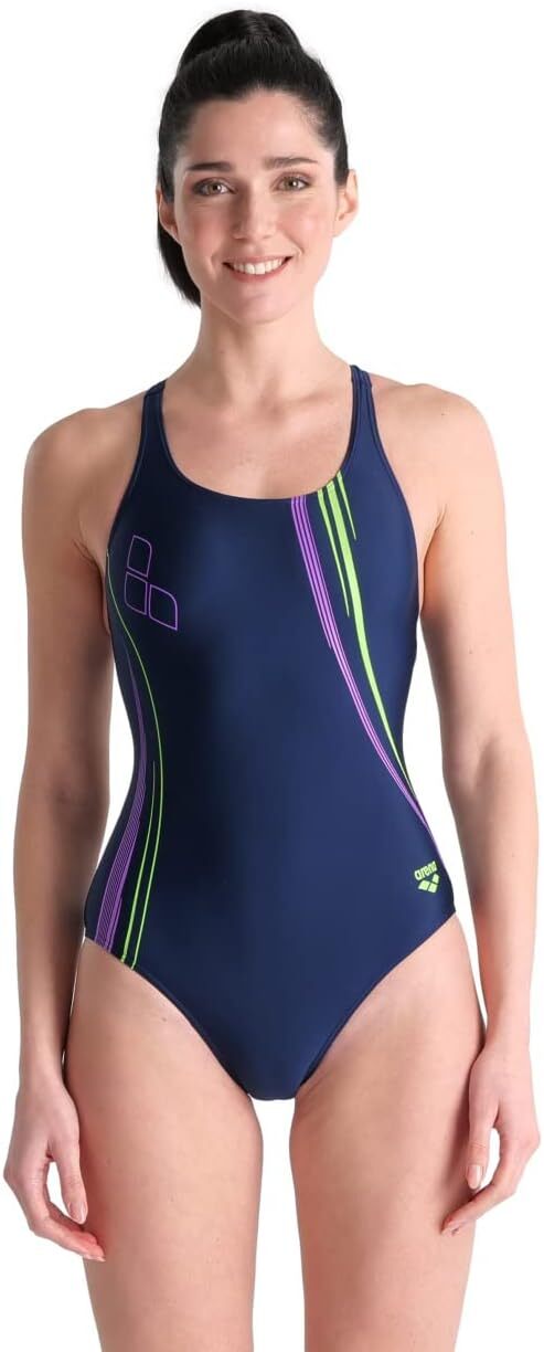 Arena Women's V Back Graphic Swimsuit Swimming Costume Ladies Navy/Green BNWT