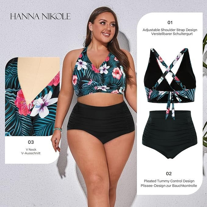 Hanna Nikole High Waist Ruched Tummy Control Bikini Swimsuit Swimming Costume