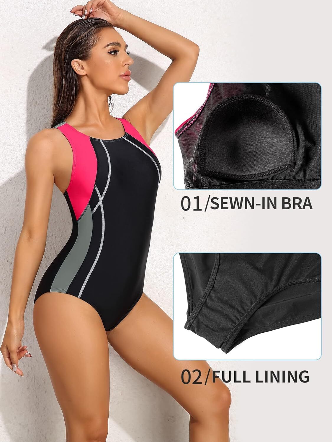 Attraco Women's Padded Colour Block Racerback Swimsuit Swimming Costume BNWT