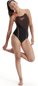 Speedo Women’s Medley Logo Medalist Swimsuit Swimming Costume Black Red BNWT