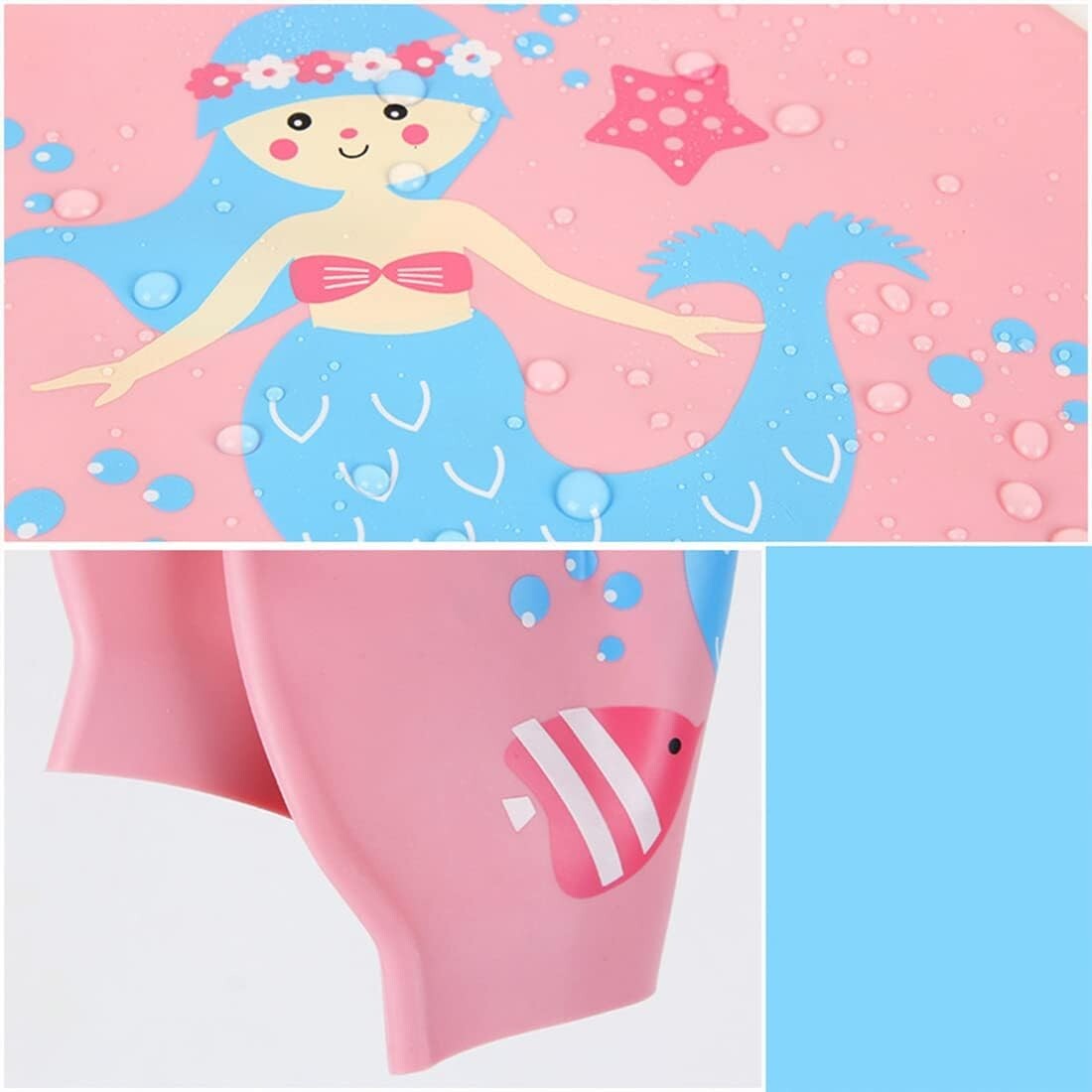 AKSXU Girls Silicone Swimming Cap Swim Hat Pink Mermaid Children Kids 6-14 Years