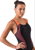 Speedo Women's Fit Laneback Swimsuit Swimming Costume Black Red BNWT