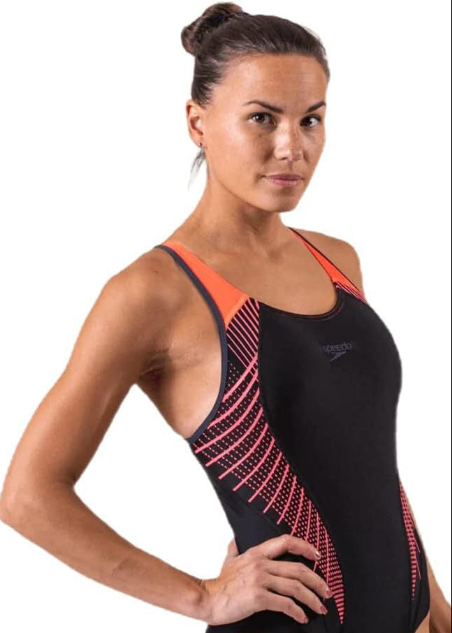 Speedo Women's Fit Laneback Swimsuit Swimming Costume Black Red BNWT